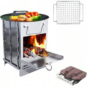 Camping Stove Stainless Steel Folding Wood Stove Portable Wood Burning Stove Pocket Stove Outdoor Camping Cooking Picnic(8.5x8.1)