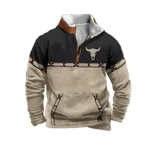 Cozy Thermal Fleece Hoodie with Intricate Horn Motif, Artistic Patchwork Detail, Men's Casual Pullover Sweatshirt for Streetwear Comfort Fit, Soft Comfortable Loungewear