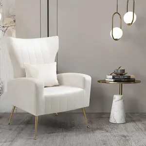 Modern Living Room Chairs Velvet Accent Chair Armchair with Lumbar Pillow High Back Bedroom Vanity Barrel Chair with Gold Legs
