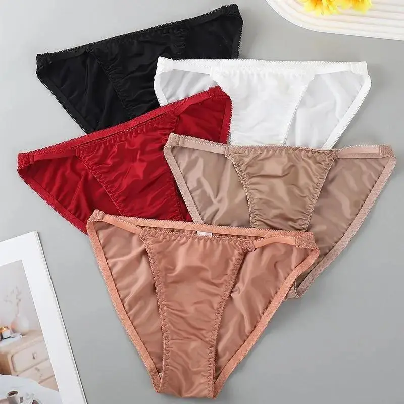 Women's Solid Color Silk Satin Thong Intimates Panties - 5 Pcs Basic White Underwear, Breathable, Comfortable, Fitted String Lingerie for Everyday Elegance, Halloween, Christmas, Birthday Gifting, Family, Lady, Thanksgiving, Khaki, Low Rise, Plain French,