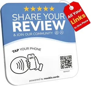 Review Tap Card & Social Media Sign NFC Plate with QR Code Display– Combines “Review Us” & “Follow Us”– All Your Links in One Place – No App/Fees – Adhesive & Stand