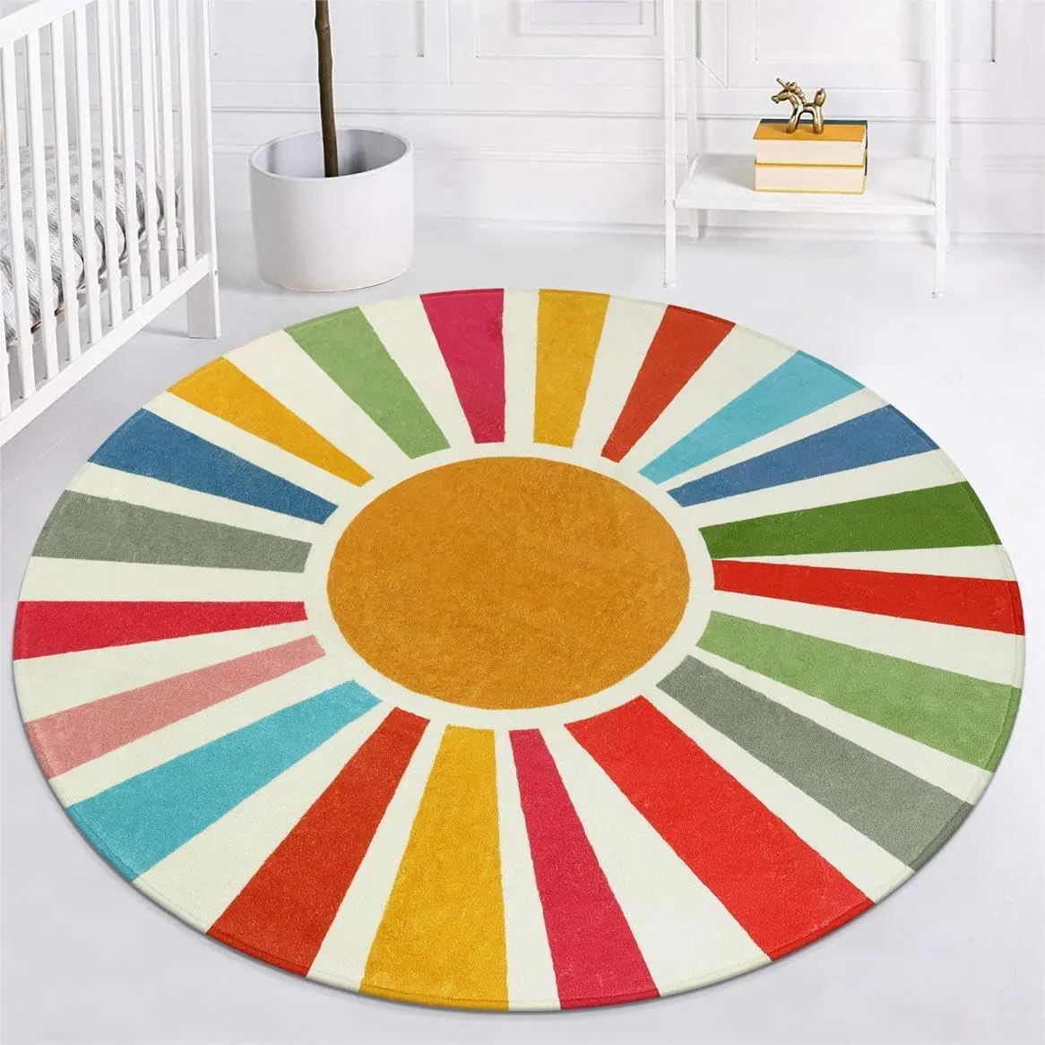 Boho Washable Rug 5 Ft Round Area Rug for Bedroom, Rainbow Circle  Rug for Office, Non-Slip Circluar Carpet Soft Sunshine Rug for Dorm  Sofa Living Room Corner