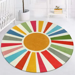 Boho Washable Rug 5 Ft Round Area Rug for Bedroom, Rainbow Circle  Rug for Office, Non-Slip Circluar Carpet Soft Sunshine Rug for Dorm  Sofa Living Room Corner