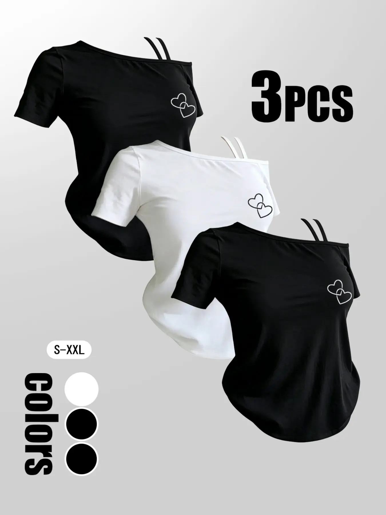 3-Piece Set Asymmetrical Shoulder Twin Strap Off-Shoulder Short Sleeve Oversized T-Shirt, Summer Pure Desire Y2K Style Fashion Streetwear Top