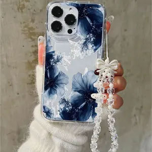 Blue Hibiscus Floral Phone Case Cover Elegant Artistic Shockproof & Wear-resistant with Bow Charm Strap Compatible with iPhone11/12/13/14/15/Promax16/16Promax/16pro/16plus