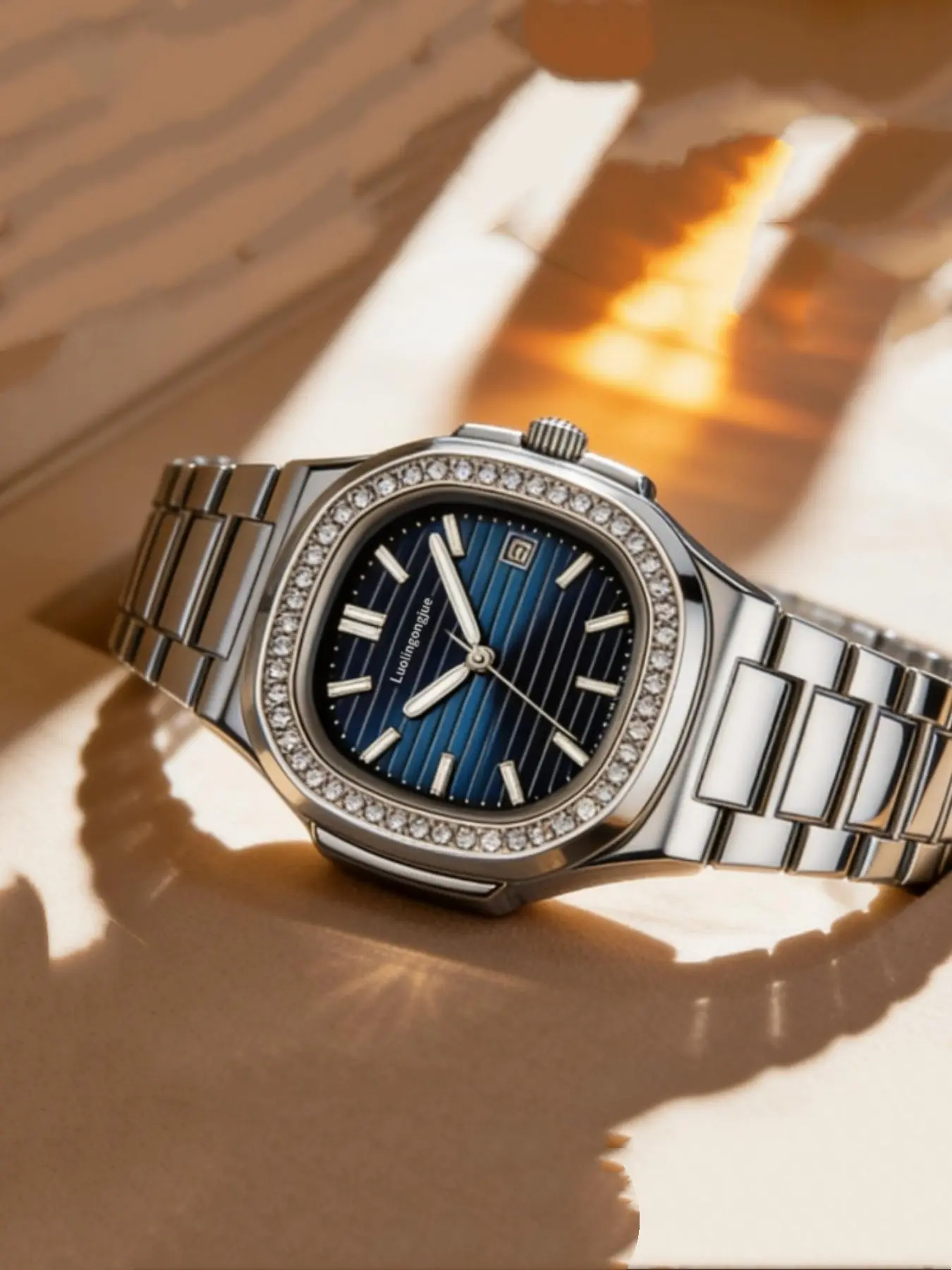 Luxury Men's Automatic Mechanical Watch, Striped Dial with Diamond Bezel, Luminous Hands, Date Display, Waterproof Wrist Watch, Fashionable Gift