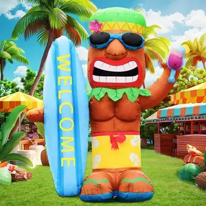 5FT Tiki Luau Inflatables, Tiki with Surfboard and Wine Glass, Hawaiian Summer Tropical Beach Blow up Giant Yard Party Decoration, Outdoor Built-in LED Lights for Lawn Holiday Outside