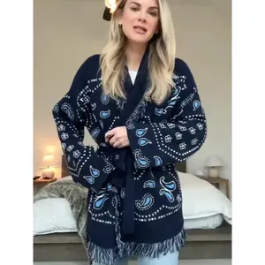 2025 Women’s Tassel Patchwork Geometric Print Cardigan V-Neck Long Sleeve Knitted Sweater with Belt for Autumn Streetwear