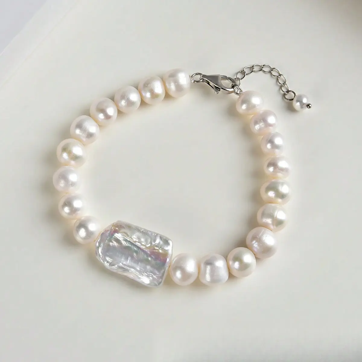 Women's 925 Sterling Silver Classic Irregular Pearl Bracelet - 14mm Pearls, Elegant Original Design, Female Wedding Fashion Accessory, Wedding Gift Ideas