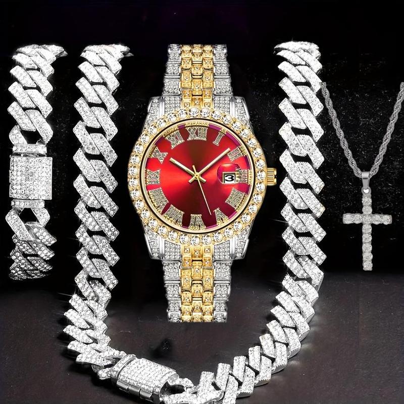 Men's Hip Hop Jewelry Set - Gold Quartz Watch with Rhinestone Bezel, 14mm Cuban Chain Necklace & Bracelet, Cross Pendant for Everyday Wear & Special Occasions