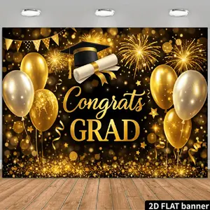 2D Flat Banner HD Printed Polyester Photography Backdrop, Black Gold Graduation Theme with Congrats GRAD Text, Graduation Cap, Diploma, Balloons, Fireworks, Soft Lightweight Foldable for Graduation Party, Photo Booth, Studio Photo