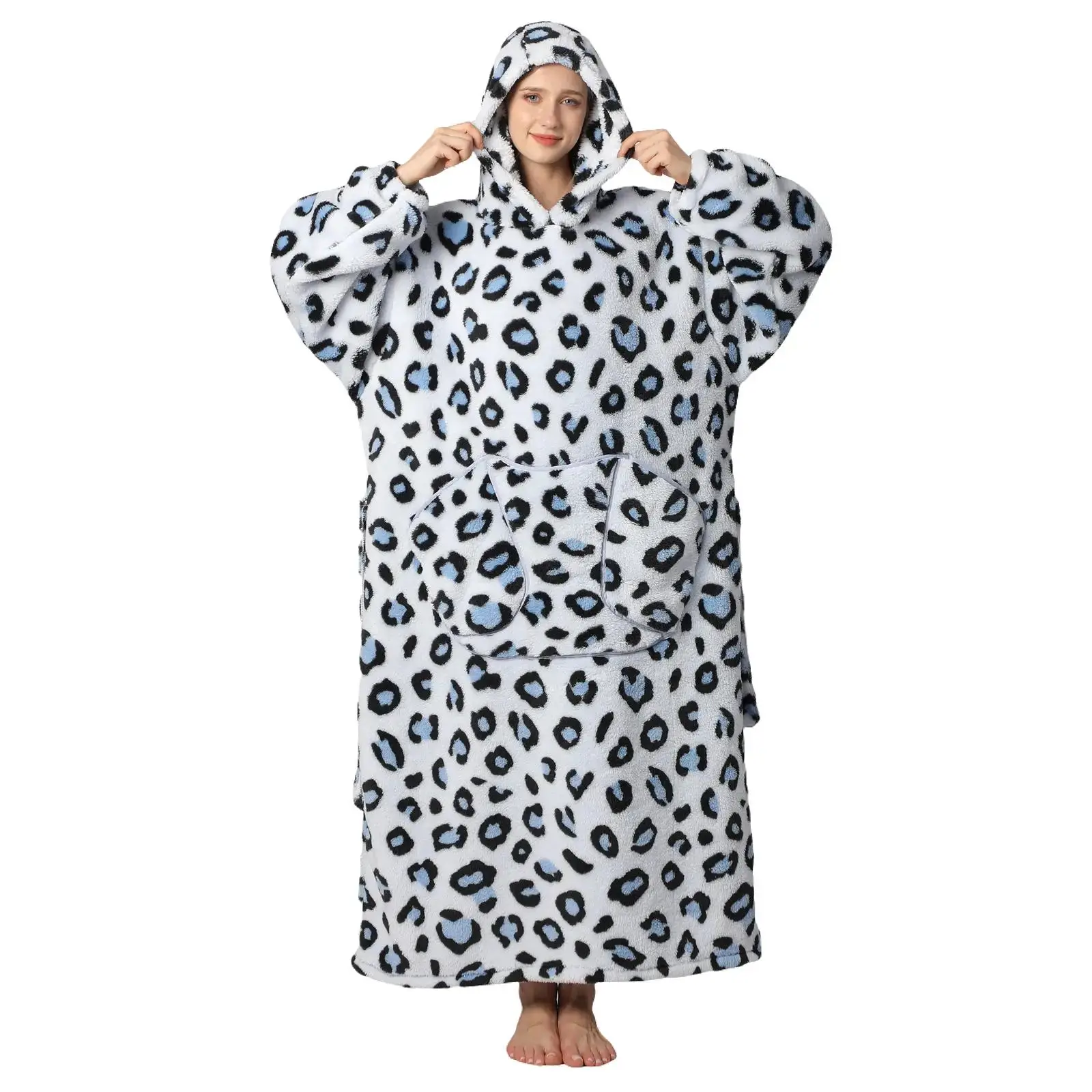 Plus Size Cute Print Hooded Blanket, 1 Count 320gsm Casual Soft Warm Oversized Hooded Wearable Blanket with Pocket, Soft Fluffy Blanket, Comfy Bedroom