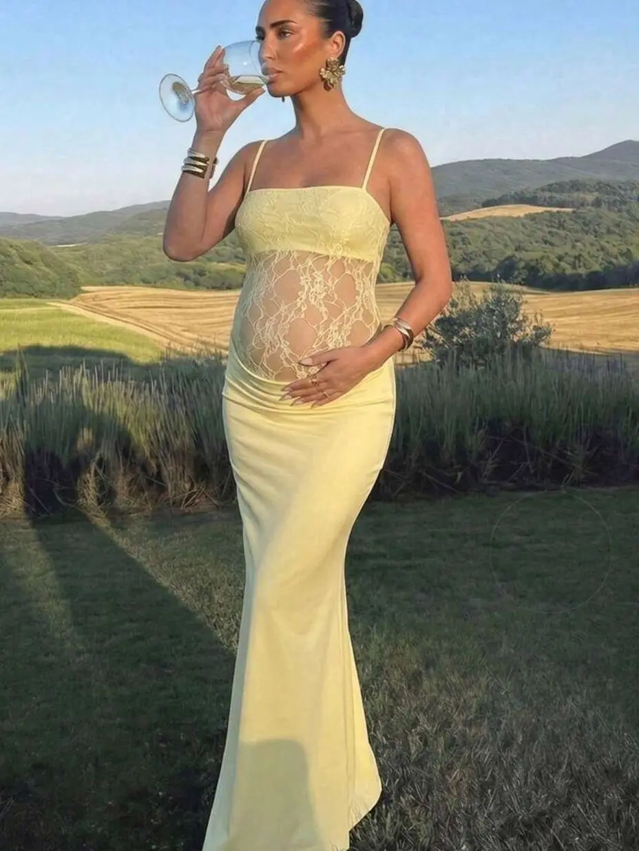 Maternity Lace Spaghetti Strap Fishtail Dress for Women, Sheer Belly Pregnancy Photoshoot Gown, Elegant Baby Shower Party Maxi Dress