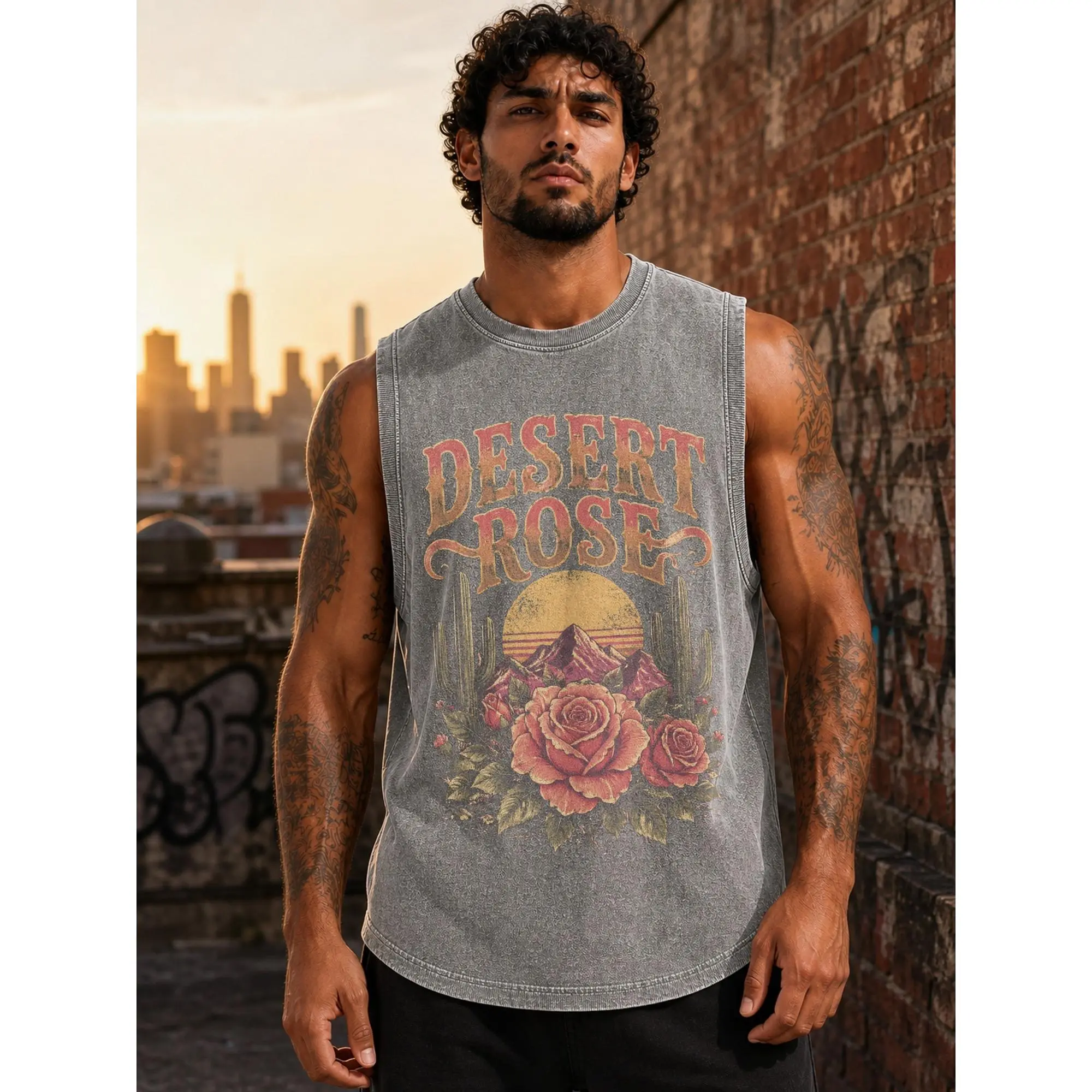 Men's 100% Cotton Heavyweight Tank Top - Vintage Western Distressed Desert Rose Graphic, Warm Earthy Tones, Regular Fit Menswear Pullover Top, Casual Streetwear Fabric for Outdoor Wear, Black/Gray/Coffee, Knit Sleeveless Crew Neck