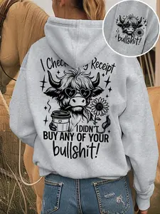 Highland Cow Letter Animal Graphic Print Casual Loose Hoodie, Sweatshirts, Fall Winter Fashion Women's Hooded Top, Daily Wear, Versatile Style