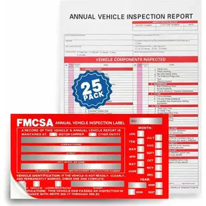 25Pack 3-Ply Carbonless Annual Vehicle Inspection Report Forms and Permanent Aluminum Adhesive Inspection Stickers Decals