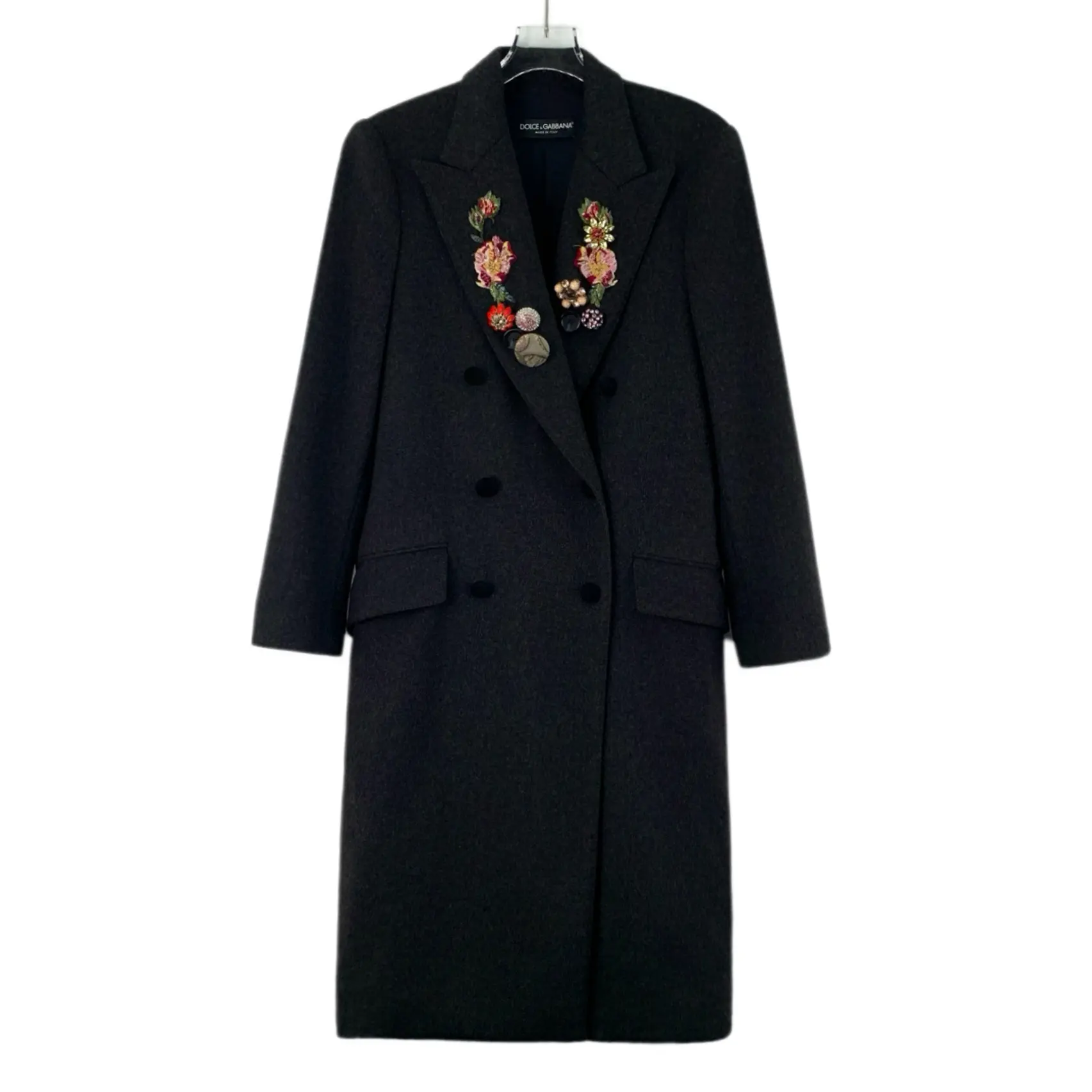RDLT - Dolce Gabbana Black Floral Rhinestone Embroidered Wool Double-Breasted Coat Size 38