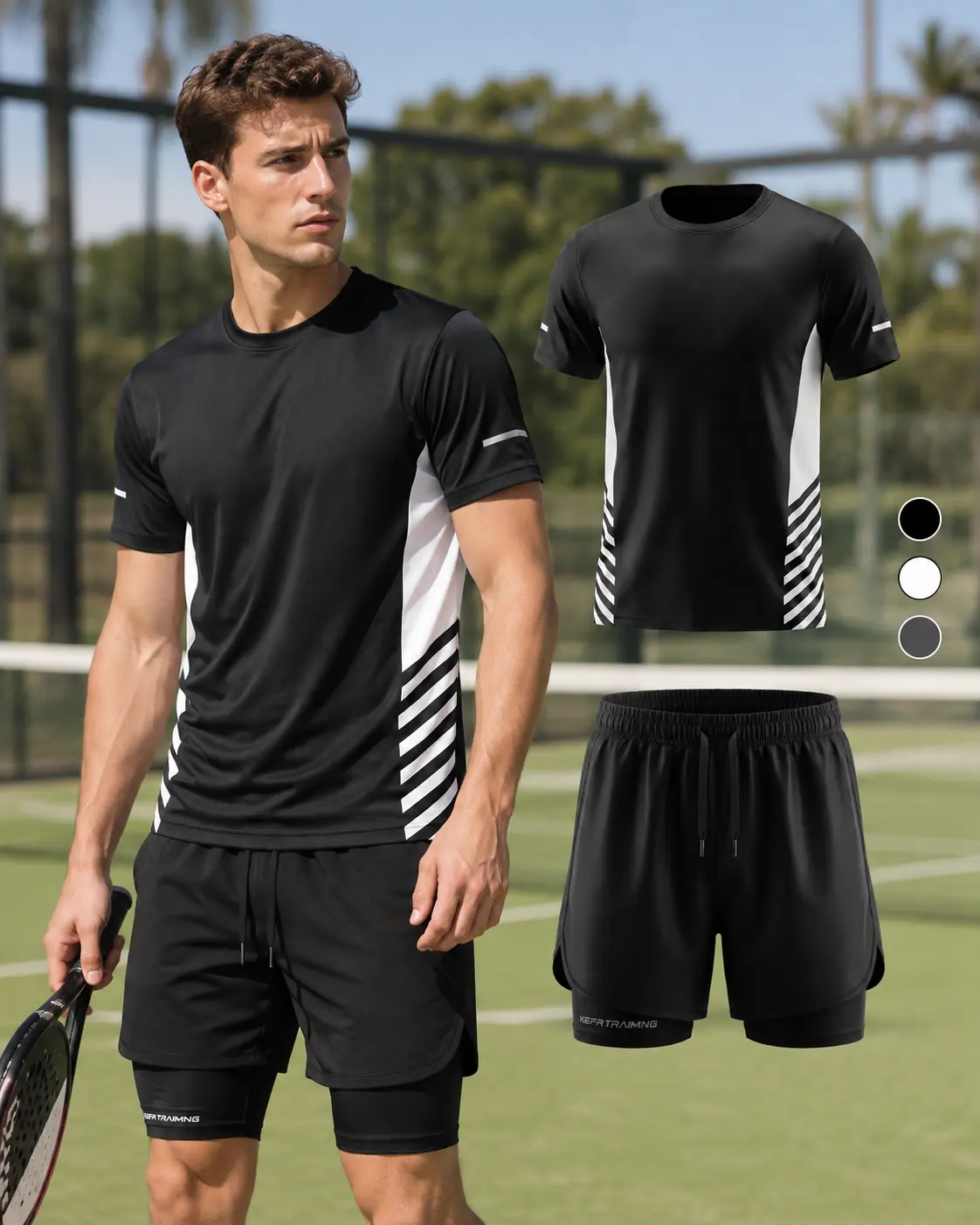 Men's Workout Set 2 Piece, Breathable Athletic T Shirt and 2 in 1 Gym Shorts with Compression Liner Pocket for Running Basketball