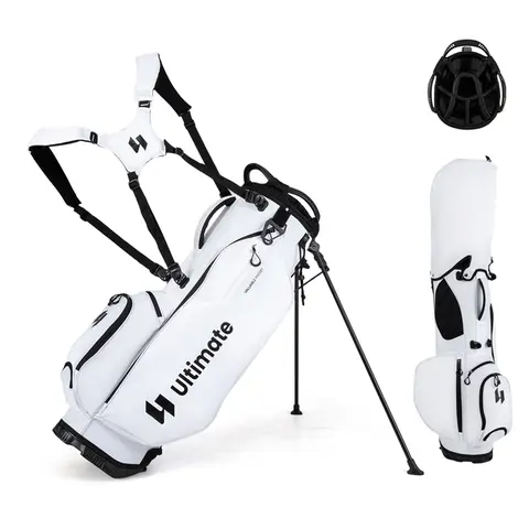 COSTWAY Golf Stand Bag, 8-Way Golf Bag with 5 Pockets, Rain Hood, Detachable Dual Shoulder Strap, Lumbar Pad, Handles, Portable Golf Club Bag for Men & Women