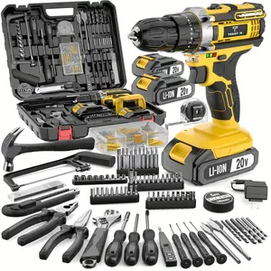 20V 148pcs Drill Set/1*Battery Power Tool Box Set/ 20V Drill Set Accessories With 20V Cordless Drill/ Driver, Hammer, Tape Measure, Knife And Precision Tools, Portable Hand Toolbox For, Home Project, Garden, Camping, Summer Furniture Refurbish