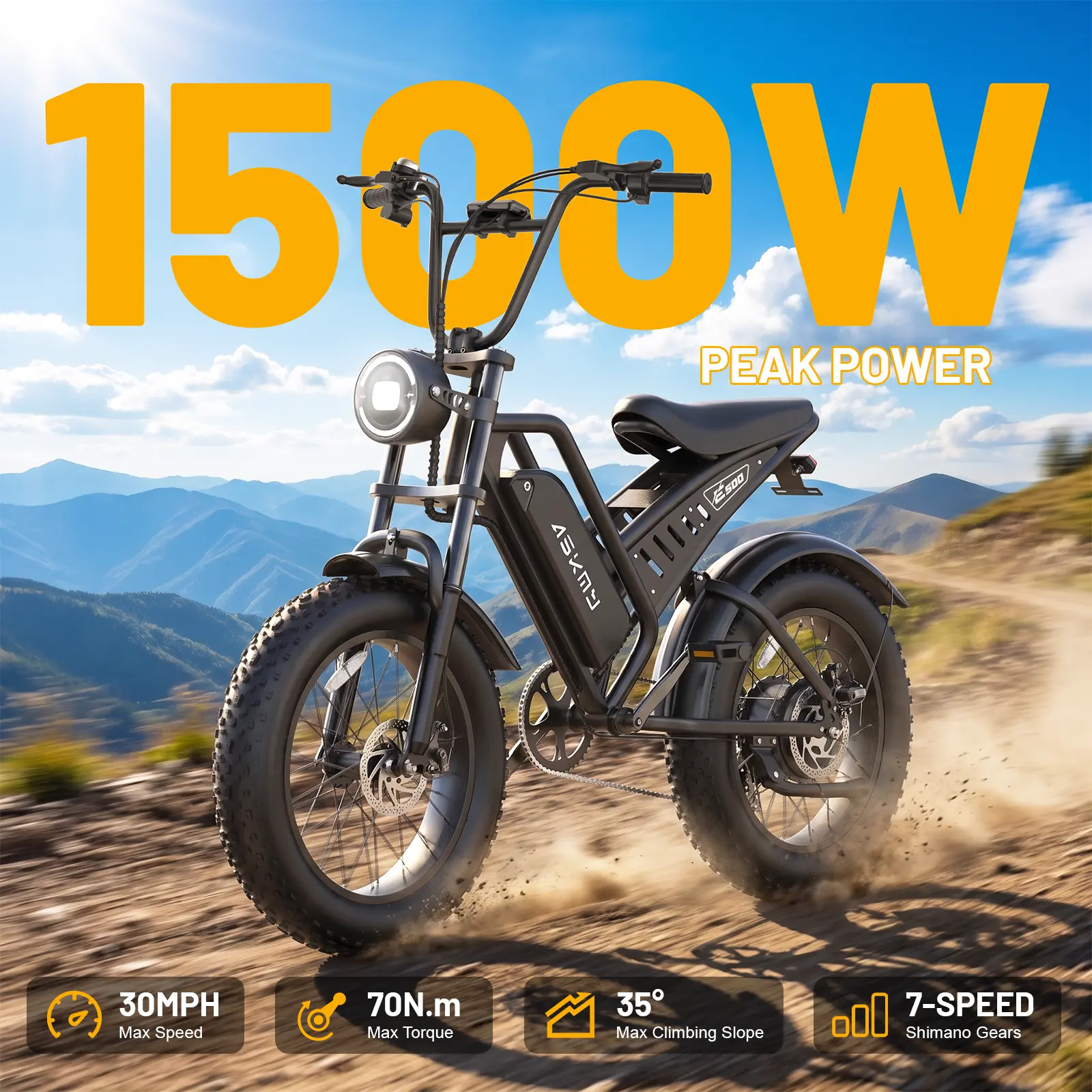[ASKMY] 1500W Peak Power,Fat Tire Electric Bike, 30MPH Max Speed,48V 15Ah, 60 Mi Long Range, Suspension Fork, Front & Rear Dual Disc Brakes for Trail &Adventure, 20''×4.0''Ebikes