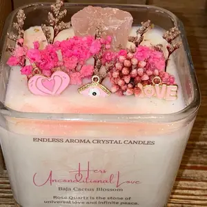 Hers Unconditional Love Rose Quartz Crystal Candle - Endless Aroma with Decorative Elements and Heart Charm - Ornaments