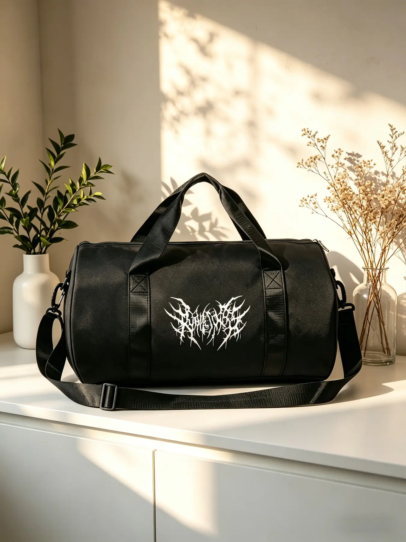 Dark Metal Print Travel Duffel Bag, Multi-Functional Gym Shoulder Backpack, Workout Sport Bags, Large Capacity Nylon Weekender, Lightweight for Fitness & Short Trips, Multifunctional Sports Bag