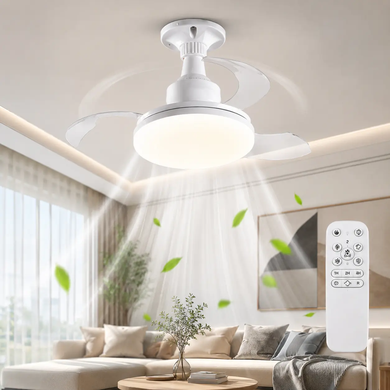 Retractable Ceiling Fan with Light, 16 Inch Smart RGB Ceiling Fan Light with Remote Control, Hidden Blade Fan Light, 3-Speed Airflow, 3-Color LED Light for Bedroom, Living Room, Kitchen & Indoor Cooling