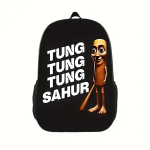 Tung Tung Sahur Printed Backpack - Lightweight Travel & Commuter Organizer with Separate Laptop Compartment, Adjustable Shoulder Straps, Durable Polyester, Stylish Black & White Design for Daily Use, Backpack for Travel, Everyday Carry Bag, Playful Graph