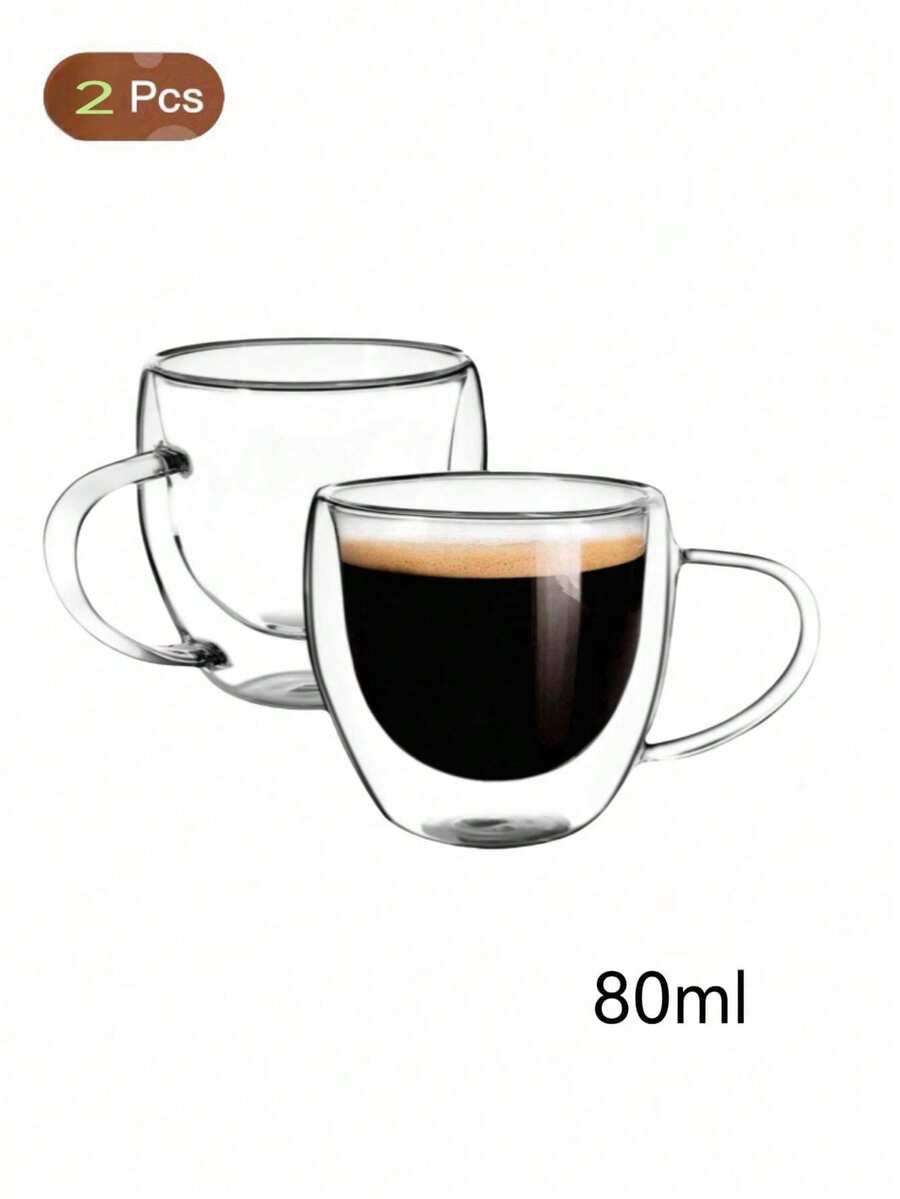 2pcs/6pcs Set Espresso Cups With Handles, 2.8oz Transparent Espresso Cups, 2.5*2.6inch Double Wall Heat-Resistant Glass Cups, Creative Tea Flower Cups, Insulated Water Cups, Espresso Cups, Cold Drink Milk Juice Cups, Mugs