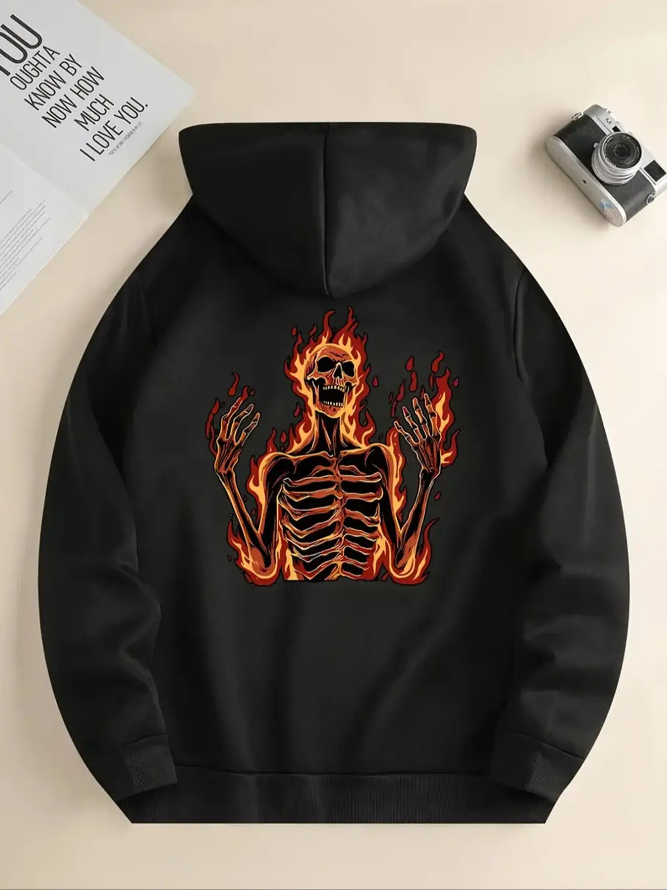 Fashion Fall Winter Unisex Flame Skull Pattern Hoodie, Casual Loose Drawstring Hooded Sweatshirt, Thin Drawstring Hoodie