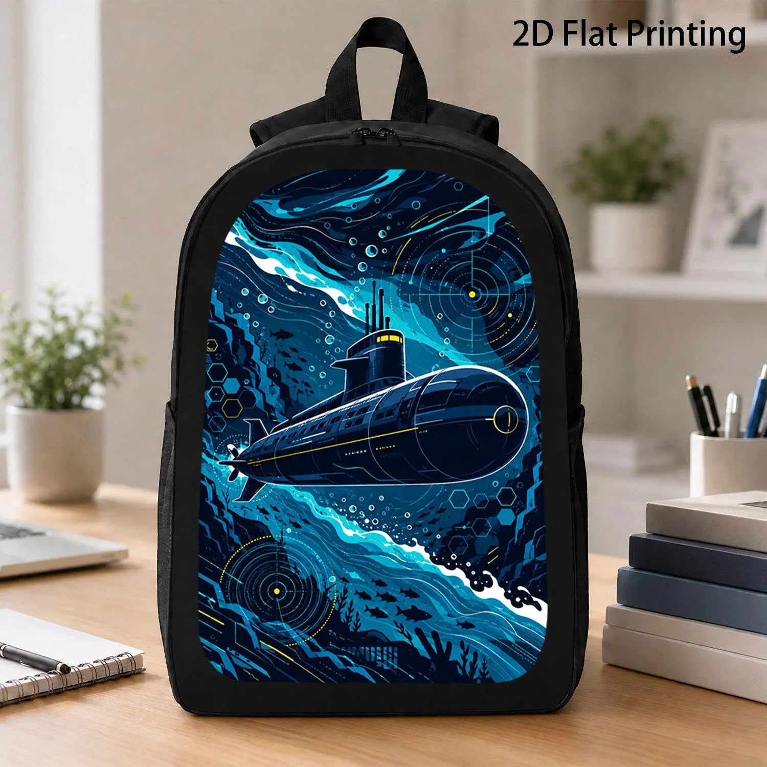17 Inch Backpack One Piece Modern Submarine Ocean Undersea Vehicle Graphic Design Trendy Back To School Laptop Daily Travel Carrying Bag