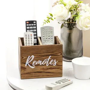 2 Slot Weathered Gray Wood Remote Control Holder Caddy, Media Storage Box