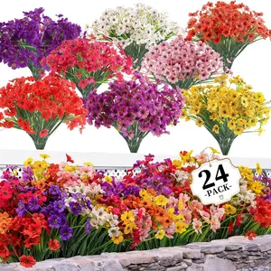 24pcs Artificial Flowers, Fake Flowers Plants for Indoor Outside Garden Porch Window Box Home Wedding Farmhouse,  UV resistant plastic flowers, suitable for outdoor garden porch, indoor vases, bottles, St. Patrick's Day, Valentine's Day decoration