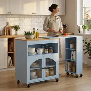 Kitchen Island On Wheels with Extended Table MDF Rolling Kitchen Storage Cart with LED Light Power Outlets 2 Fluted Glass Doors Side 3 Open Shelves