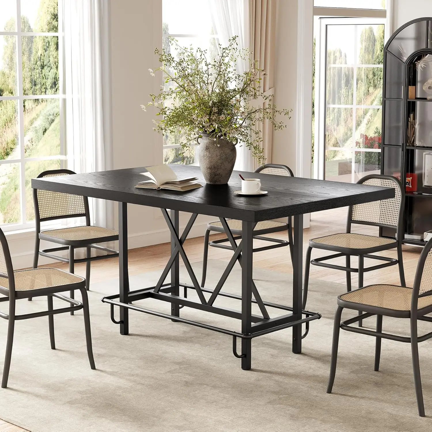 LITTLE TREE 63-Inch Rectangular Counter Height Dining Table with Metal Footrest for 6 People,Industrial Bar Table with Metal Footrest, Counter Height Pub Table for Kitchen, Home Bar & Entertaining (Black)