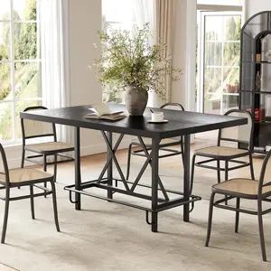 LITTLE TREE 63-Inch Rectangular Counter Height Dining Table with Metal Footrest for 6 People,Industrial Bar Table with Metal Footrest, Counter Height Pub Table for Kitchen, Home Bar & Entertaining (Black)