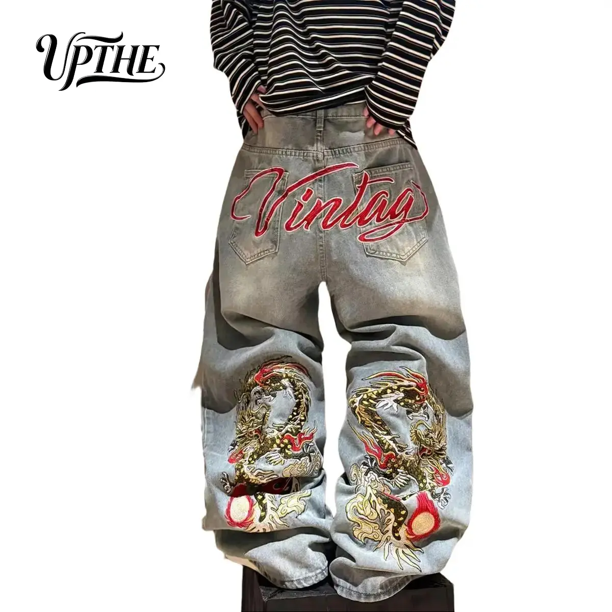 UP.THE Y2K Baggy Jeans Men's Wide Leg Hip Hop Streetwear Dragon Embroidered Classic Quality with Button Detail for Casual Outings Pants Vibe