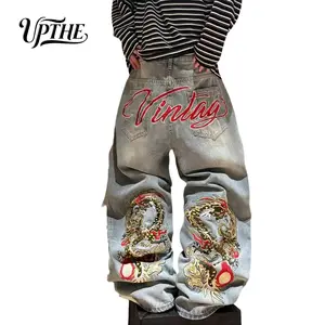 UP.THE Y2K Baggy Jeans Men's Wide Leg Hip Hop Streetwear Dragon Embroidered Classic Quality with Button Detail for Casual Outings Pants Vibe