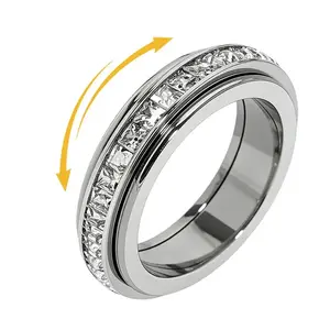 Unisex Titanium Steel Spinner Fidget Rings - Daily Cubic Zirconia Beveled Diamond Set, Anxiety-Relieving Comfortable-Fit Bands (Size 6-11) for Wedding Promises, Silver #summervibes