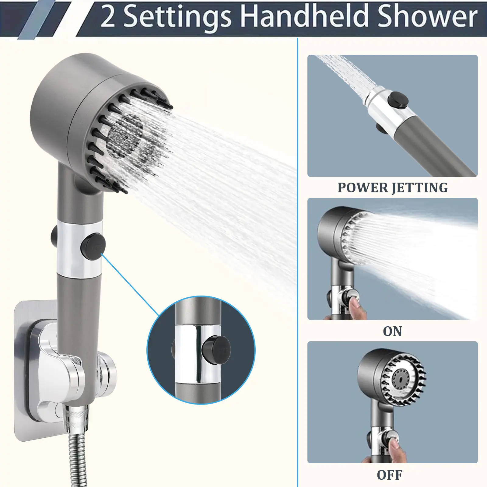 Stainless Steel Handheld Filter Shower Head, 3 Modes High Pressure Easy Installation Durable Kit