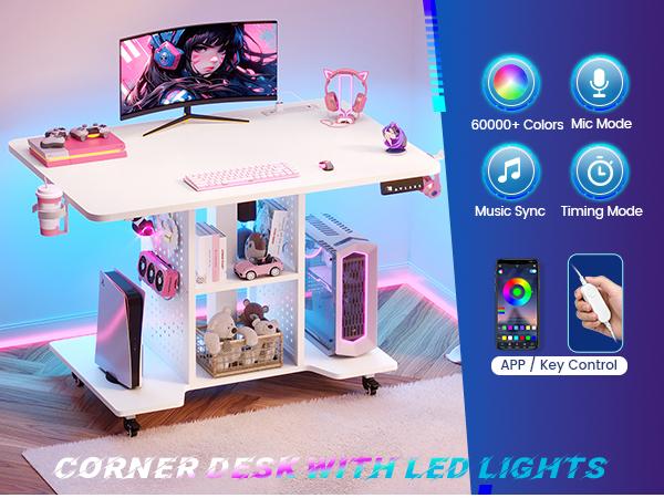 SEDETA Small Standing Gaming Desk - 31.5in Compact Adjustable Mobile Rolling Roll-Wheel Office Furniture with Power Outlet, Pegboard, Storage Shelves, RGB LED Light for Small Spaces/Bedroom, Standing Desk, Compact Adjustable Desks