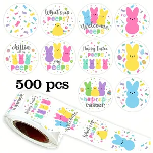 500 Stickers Per Roll, Colorful PEEPS Bunny Easter Doodle Stickers, 1-Inch Round Cute Designs, Easter Decoration Stickers for Festive Parties, Scrapbook Decor, Sealing Stickers for Envelopes, PVC Adhesive