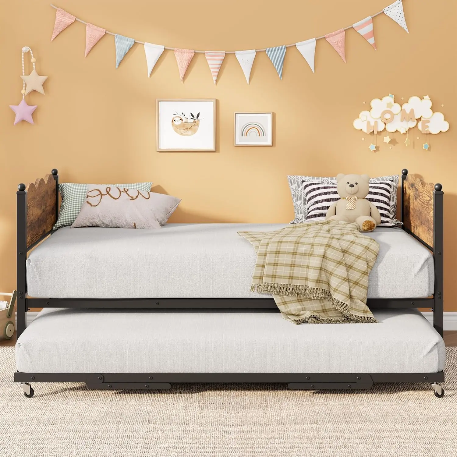 Daybed with Trundle, Metal Twin Size Day Bed with Industrial Wood Grain Headboard, Metal Slat Support & Lockable Casters, Space-Saving Sofa Bed for Living Room/Guest Room, No Box Spring Needed