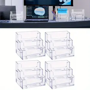 4 Pieces Business Card Holder for Desk 3 Tiers Clear Acrylic Stand for Business Card Organizer Storage Holder Display for Office and Company, 180 Cards Capacity
