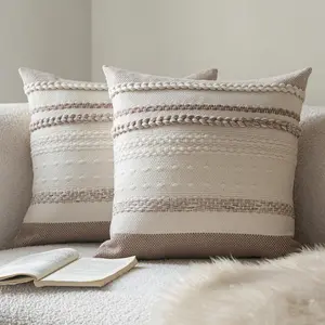 Boho Throw Pillow Covers 20x20 Inch Set of 2, Khaki Textured Decorative Couch Pillow for Farmhouse Home Decor, Cushion Cover for Sofa, Bed, Living Room, Bedroom