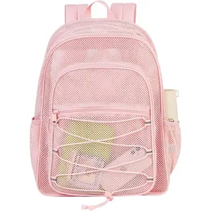 Heavy-duty mesh backpack, semi-transparent mesh school bag, transparent college backpack, equipped with elastic cords and comfortable thickened shoulder straps, suitable for commuting, swimming, beach, and outdoor sports