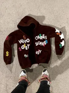 Men's "WHO CARES GET SOME MONEY" Zip-Up Hoodie | Y2K Streetwear Oversized Fleece Hooded Sweatshirt with Dollar & Star Print | Casual Street Style for Gen Z Guys | Graphic Hoodies