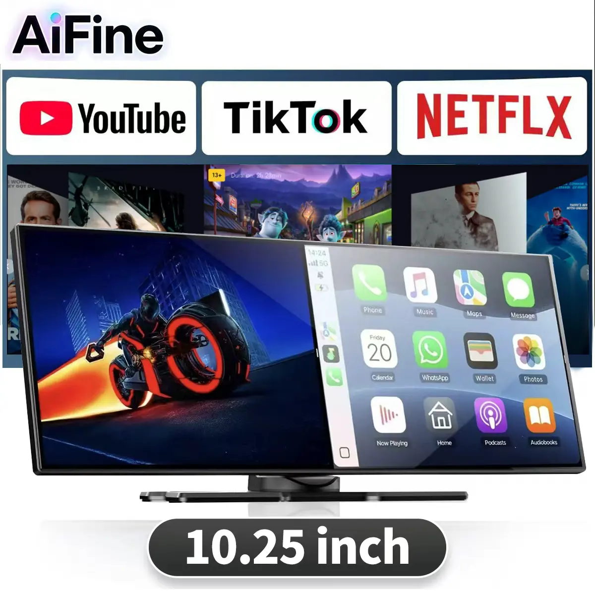 AiFine 10.25-in CarPlay IPS Touchscreen Car Audio - Non-Destructive Upgrade, Plug-and-Play Control, Full HD 1080P Backup Camera Support, Netflix/TikTok/YouTube Access, Split-Screen, Navigation, Voice Control, Compatible with iOS 10+/Android 11+