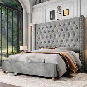 Velvet Wingback Bed Frame With 61.4" Tall Button Tufted Headboard - Platform, Solid Wood Legs, Modern Glam, Black